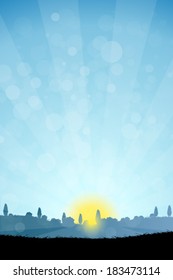 Landscape with  Tree Silhouettes and Sun Rays