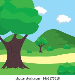 landscape tree sun sky path design vector illustration