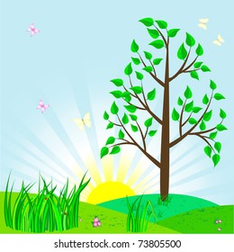 Landscape with tree and sun. Vector illustration.