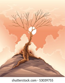 Landscape with tree. Vector illustration.