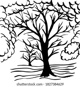 Landscape tree without leaves, clouds.