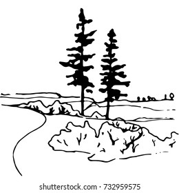 landscape, tree , wood, ink