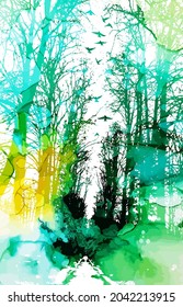 Paisaje con árboles y pájaros. Ilustración del vector