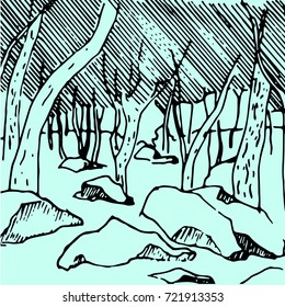 landscape, trees, branches, drawing, sketch