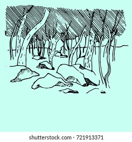 landscape, trees, branches, drawing, sketch