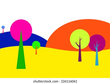 Landscape with trees in bright colors (lsd art, psychedelic art, modern art)