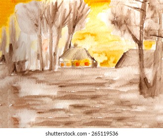 Landscape with trees and buildings, watercolor painting. Hand painted illustration by watercolors on paper.