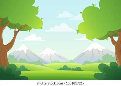 Landscape with trees, bush and mountains. Vector background with green grass and blue sky