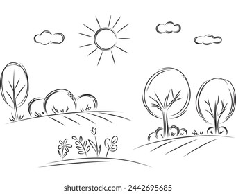 Landscape with trees, bushes, flowers, sun, clouds. Natural background.  Hand drawn vector graphic illustration. Single line drawing concept. Black lines on white background.