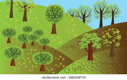  Landscape with trees, bushes and plants. Growing plants and gardening. Protection and preservation of the environment. Earth Day. Vector illustration.
