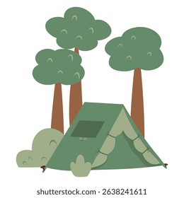 Landscape with trees and a camp tent vector illustration, cartoon nature illustration