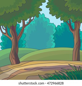 Landscape with trees. Cartoon Forest Background. Vector Illustration.
