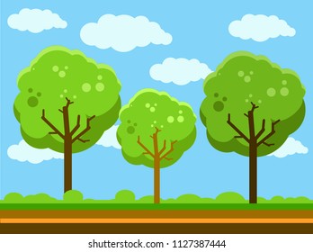 landscape with trees, cartoon, vector illustration
