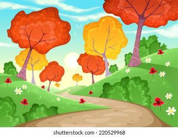 Landscape with trees. Cartoon and vector illustration