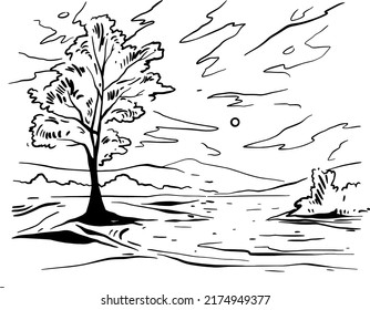 Landscape, trees, cloud, bushes, hand draw line vector illustration.