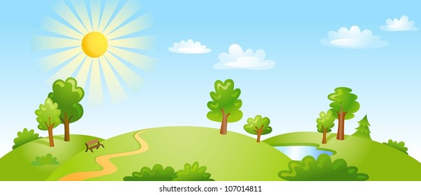 Landscape with trees clouds and bright sun. Vector illustration