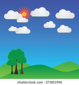 Landscape with trees clouds and bright sun. Vector illustration