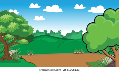 landscape with trees and clouds , cartoon nature background