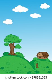 Landscape with trees clouds house and mountains 