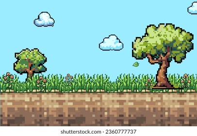 landscape with trees and clouds pixel art 2d game background