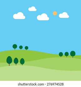 Landscape with trees clouds sun and hill, vector illustration