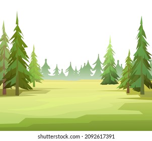 Landscape with trees. Coniferous plants.. Thick forest on the horizon. Illustration in cartoon style flat design Isolated on white background. Vector.