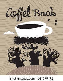 landscape with trees and a cup of coffee in a bird's nest