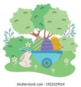 landscape with trees, cute rabbit and wheelbarrow with easter eggs over white background, colorful design, vector illustration