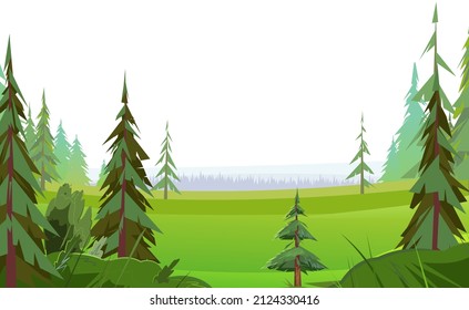 Landscape with trees. Far meadows and forests. Coniferous plants.. Illustration in cartoon style flat design Isolated on white background. Vector.