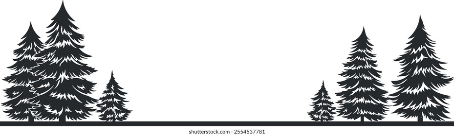landscape with trees and fir trees on a black line without background