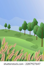 Landscape with trees and flower. Vector drawing in a flat style with gradients. Illustrations for banners, backgrounds, advertising, web pages and websites, social networks, flyers and advertisements.