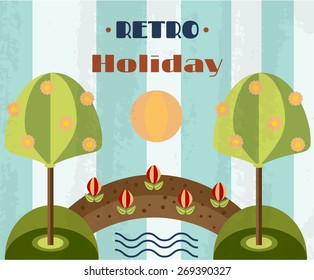 Landscape with trees and flowers with green leaves, text