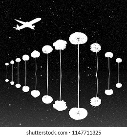 Landscape with trees and flying aircraft at night. Vector illustration with isolated silhouettes of maples reflected in water under starry sky. Inverted black and white