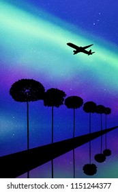 Landscape with trees and flying aircraft at night. Vector illustration with isolated silhouettes of maples reflected in water. Northern lights in starry sky. Colorful aurora borealis