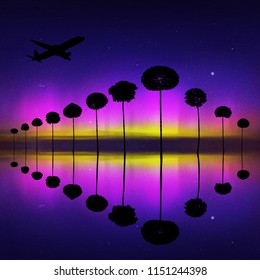 Landscape with trees and flying aircraft at night. Vector illustration with isolated silhouettes of maples reflected in water. Northern lights in starry sky. Colorful aurora borealis
