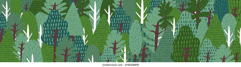 Paisaje con árboles en el bosque Diseño de pancartas de textura de jardín de verano. Entorno de protección y preservación. Día de la Tierra. Patrón abstracto con árbol ecológico de naturaleza verde. Ilustración de dibujos animados de vector plano