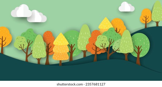 landscape with trees and grass. green landscape illustration for your designs, banners, backgrounds. Landscape vector, nature with forest and trees. Sunshine on clear sky, mountains and clouds.