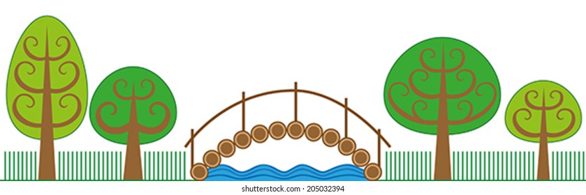  landscape with trees, grass, river and bridge.