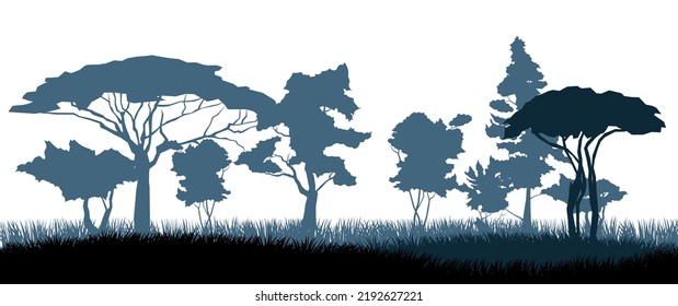 Landscape with trees and grass. Silhouette picture. Isolated on white background. Vector