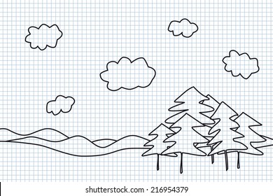 Landscape with trees hand drawing illustration