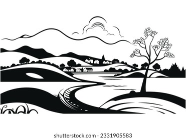 Landscape with trees and hills. Black and white flat style vector illustration