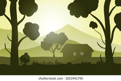 Paisaje arbolado, hogar.
Ilustración vectorial.
