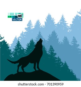 Landscape of trees with a howling wolf. Vector