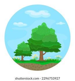 Landscape with trees inside round shape. Ecosystem, environment nature conservation, woodland preservation concept sign. Earth day icon. Forest vegetation. Not deforestation symbol.Vector illustration