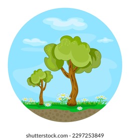 Landscape with trees inside round shape isolated on white background. Ecosystem, environment nature conservation, woodland preservation concept sign. Earth day icon. Forest vegetation. Not deforestati