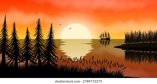A landscape with trees, lake, river, sea, sun, ship