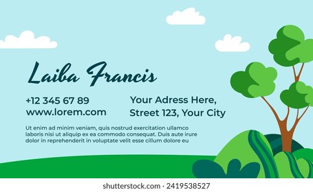 Landscape with trees and meadow and personal information of owner of company or organization. Phone number and street, website page and address. Business or visiting card. Vector in flat style