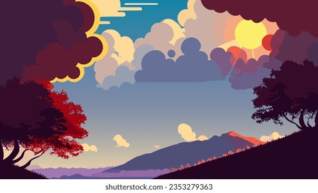 Landscape with trees and mountains in the background with a sky full of clouds and sun shining through the clouds, colorful clouds, a matte painting, environmental art. Cartoon anime background.