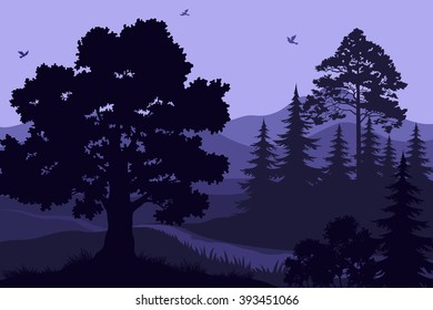 Landscape, Trees, Mountains and Birds