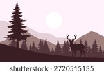 Landscape with trees, mountains and deer on a background.